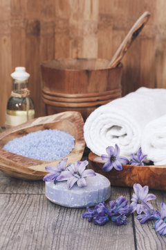 Spa still life. Natural body care products, hyacinth,  soap, oil, bath salt 