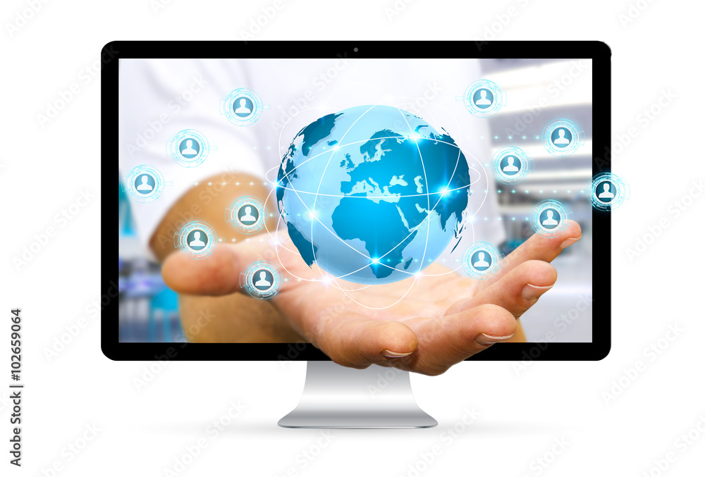 Canvas Prints businessman escaping from computer surfing on internet