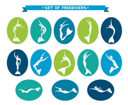 Icon set of silhouette of freedivers.