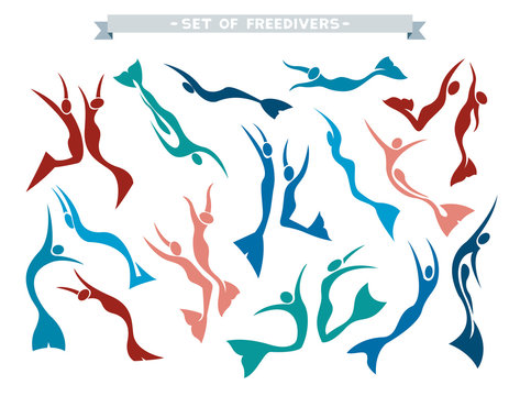 Set with silhouette of free divers. Freediving.