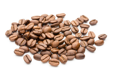 Coffee beans isolated on white background, closeup, macro