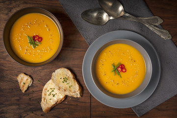 Sweet potatoes cream soup with ginger and croutons