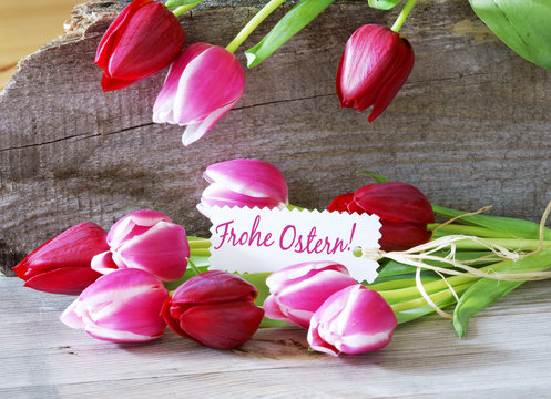 "Frohe Ostern", Ostern, Easter, Schild mit Schrift, Tulpen, Holz, Copyspace