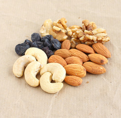 Healthy snacks almonds, cashew nuts, raisins and walnuts.