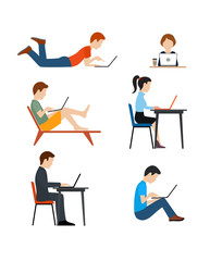 Set of icons flat style. The people working on the computer.