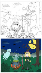 coloring book - witch with boiler and bringing contour and color vector illustration