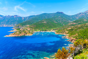A view of beautiful Girolata bay with azure sea water, Corsica island, France