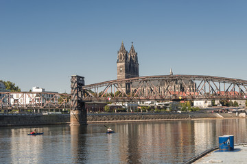 Old Cathedral and river Elba in Magdeburg, Autumn time