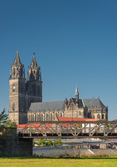 Old Cathedral and river Elba in Magdeburg, Autumn time