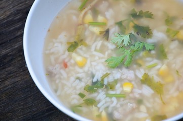 Asian style breakfast soft boiled rice, rice soup Thailand food
