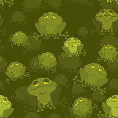 Frog seamless pattern. Green Toad in swamp. Many Amphibious anim