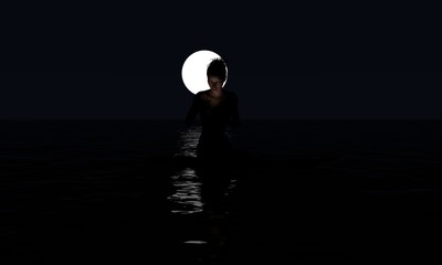 Surfer Girl Texting In The Moonlight