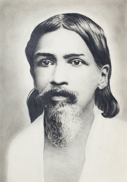 Sri Aurobindo Ghos Indian Guru , Drawing On Paper. Drawing According To An Old Photo.