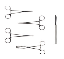 Close up of four stainless steel surgical forceps and scalpel