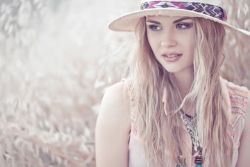 Beautiful woman walking, hippy 