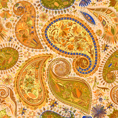 Vintage floral motif ethnic paisley seamless background. Abstract lace pattern. Ability to edit the colors, without losing seamlessly. Hand drawing colorful wallpaper. EPS-8 vector texture.
