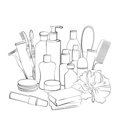 Hygiene set. Hand drawn collection of products for body care. Sketch of elements for bath or shower  isolated on white background. Black and white outline