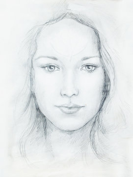 Drawing portrait Young woman with ornament on face, black and white. Eye contact.
