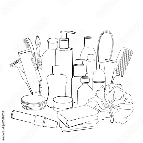 "Hygiene set. Hand drawn collection of products for body care. Sketch
