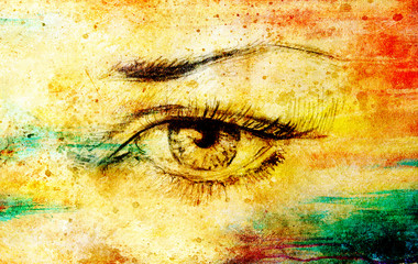 Woman eye, Hand draw on paper, fashion illustration and color spots.