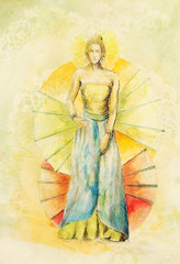 sketch of mystical woman  in beautiful ornamental dress  inspired by middle age design, with ornamental pattern on background.