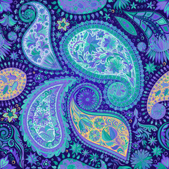 Vintage floral motif ethnic paisley seamless background. Abstract lace pattern. Ability to edit the colors, without losing seamlessly. Hand drawing colorful wallpaper. EPS-8 vector texture.
