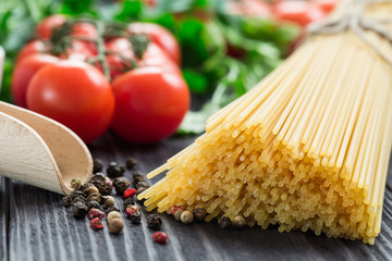 Italian spaghetti on a wooden table.