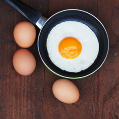 Fried eggs in a frying pan on wooden background