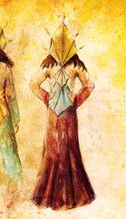 Fototapeta premium sketch of mystical woman in beautiful ornamental dress inspired by middle age design.