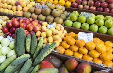 Fresh exotic fruits in Mercado Dos Lavradores. Funchal, Madeira