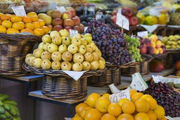 Fresh exotic fruits in Mercado Dos Lavradores. Funchal, Madeira