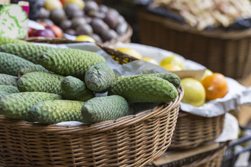 Fresh exotic fruits in Mercado Dos Lavradores. Funchal, Madeira