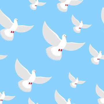 White Dove blue sky seamless pattern. Flying in air white beauti