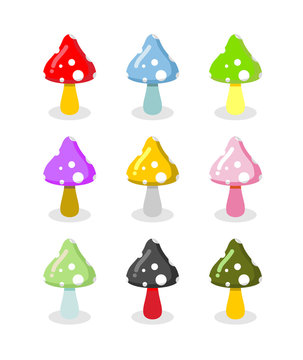 Set of multicolored mushrooms. Colored toxic poisonous toadstool