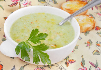 Cream soup of broccoli, food closeup