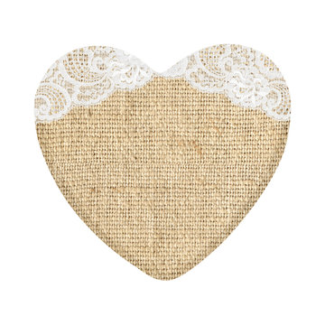 Burlap heart with lace isolated on white
