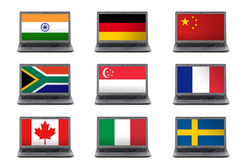 Many Laptops and flags