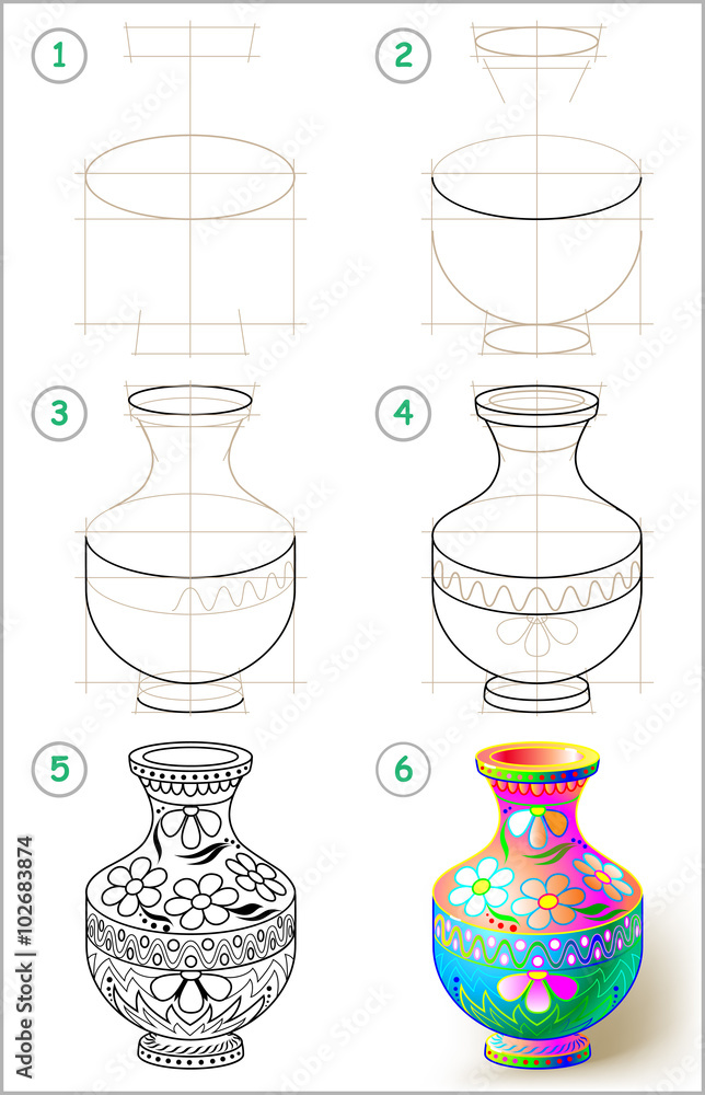 Wall mural page shows how to learn step by step to draw beautiful vase. vector image.