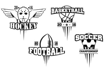 Fototapeta na wymiar Sport logo set for four sport disciplines. hockey, basketball football, soccer vector emblems