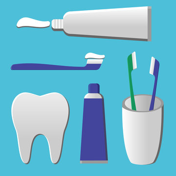 set of toothpaste, tooth cheek tooth in a flat style