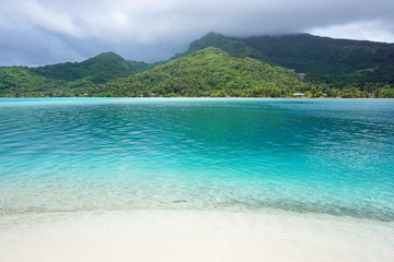 Landscape Huahine island from white sand beach