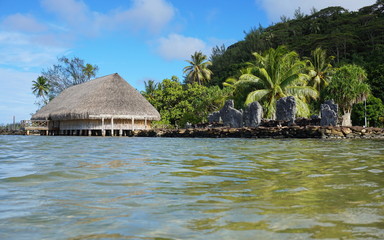 Marae and Fare Potee shore lake French Polynesia