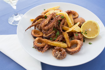 Deep fried calamari and french fries potatoes