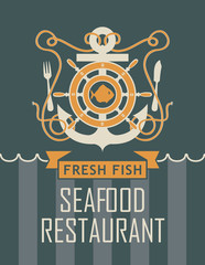 banner with ship anchor and seafood restaurant with fish and cutlery