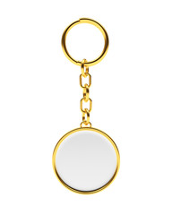 Blank round golden key chain with key ring isolated on white background
