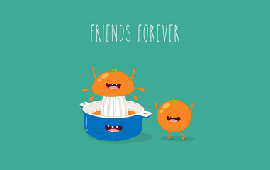 Funny blue juicer squeeze orange fruit. Orange and juicer a friend forever. Vector illustration