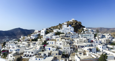 Aerial view of Chora town, Ios island, Cyclades, Aegean, Greece