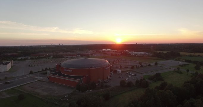 Turku ice hockey arena at sundown aerial 4K ungraded