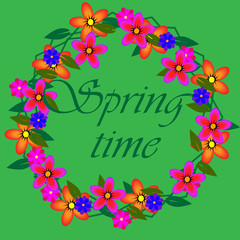 Spring background with a wreath of flowers. Hello spring.