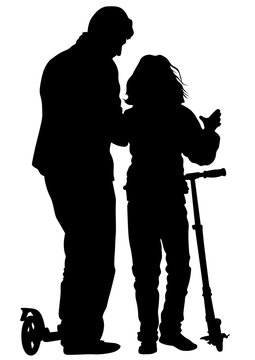 Silhouette of boy and girl on roller skates on white background